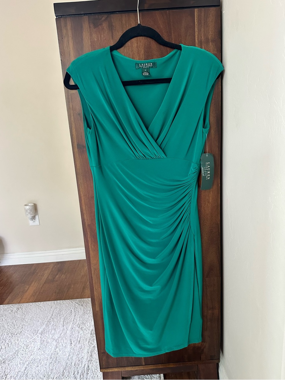 Lauren by Ralph Lauren Emerald Green V-Neck Ruched Midi Dress NWT